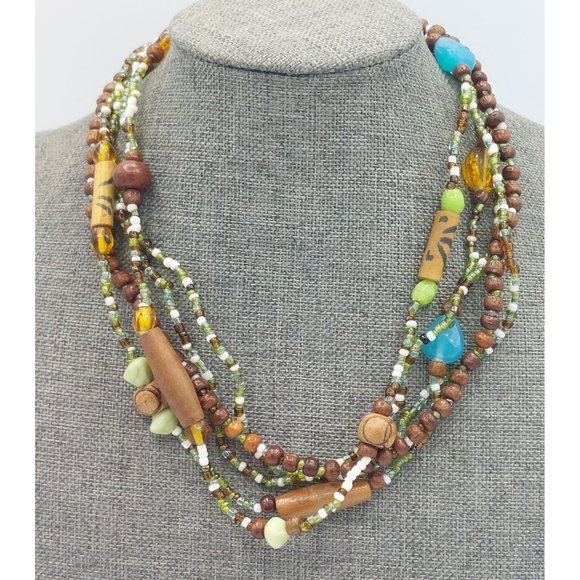Multi Strand Necklace Colorful Green Brown Wood Glass Plastic Beaded Beads Boho - Picture 3 of 9